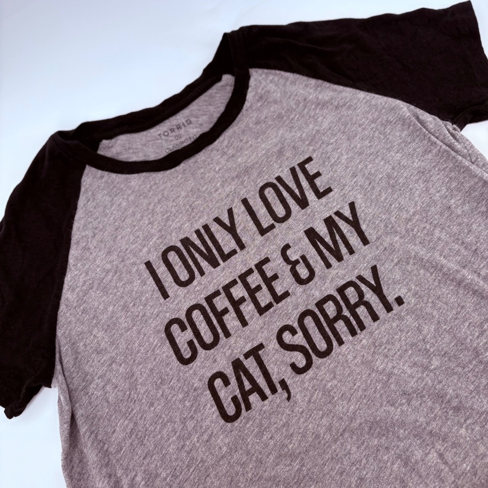 Torrid Women 00 Grey Black Coffee Cat Graphic Raglan Baseball Tee T-Shirt Cotton